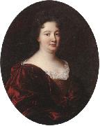 Portrait of a landy,said to be marie de pontchartrin,half length,wearing a red velvet mantle over a gold braided dress and lace shirt unknow artist